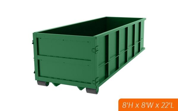 forty yard dumpsters typically have a length of 22 feet, a width of 8 feet, and a height of 7 feet